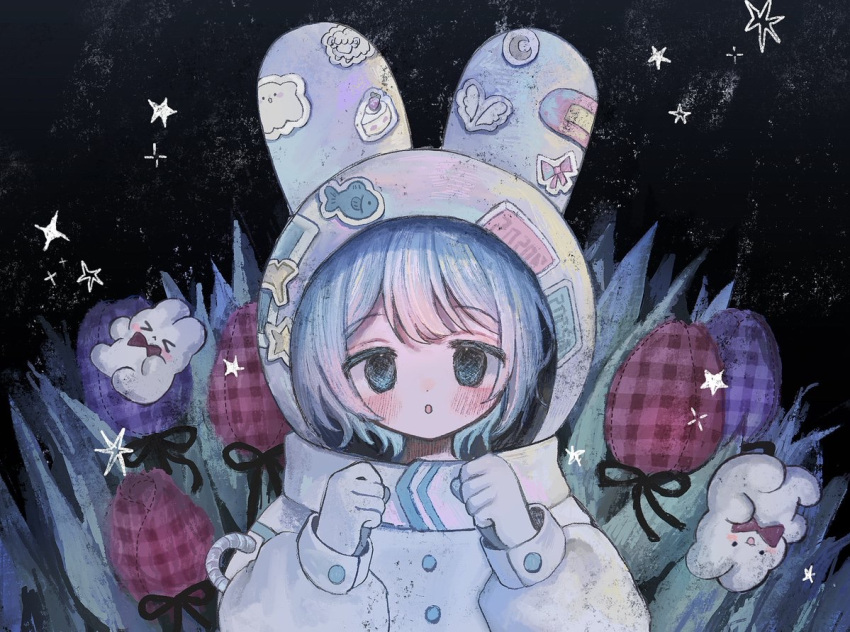 1girl, :o, amou_shiira, animal, animal_ears, astronaut, blue_eyes, blue_hair, blush, flower, gloves, grass, looking_at_viewer, night, night_sky, original, purple_flower, purple_tulip, rabbit, red_flower, red_tulip, short_hair, sky, solo, star_(symbol), sticker, tulip, upper_body, white_gloves