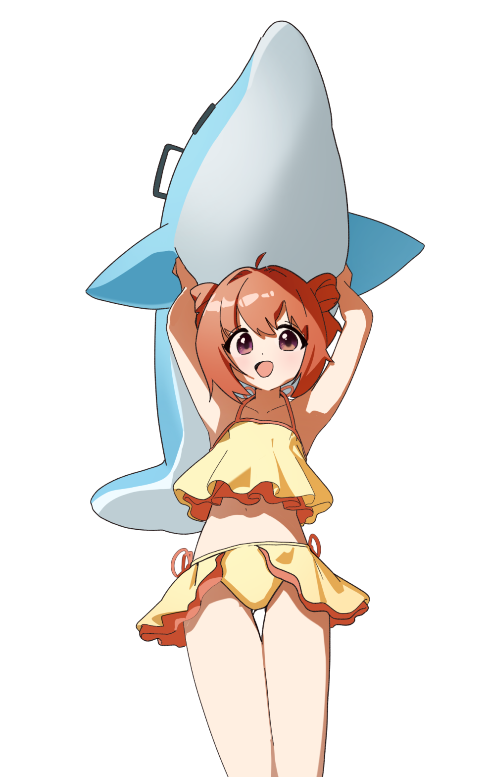 1girl, ahoge, akaza_akari, armpits, arms_up, bikini, double_bun, from_below