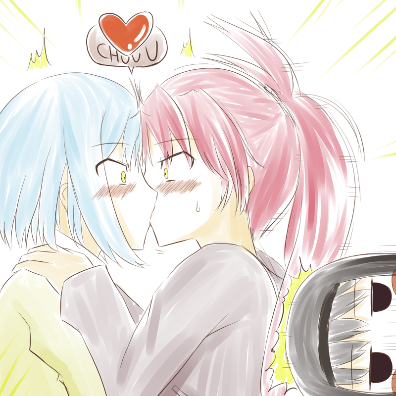 kiss, long_hair, mahou_shoujo_madoka_magica, marisamasupa, miki_sayaka, multiple_girls, ponytail, red_hair