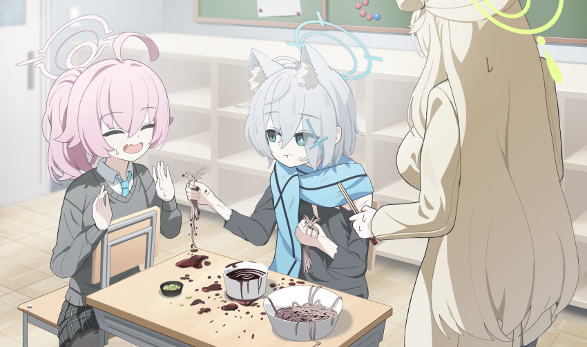 3girls, ahoge, animal_ear_fluff, animal_ears, black_skirt, blonde_hair, blue_archive, blue_eyes