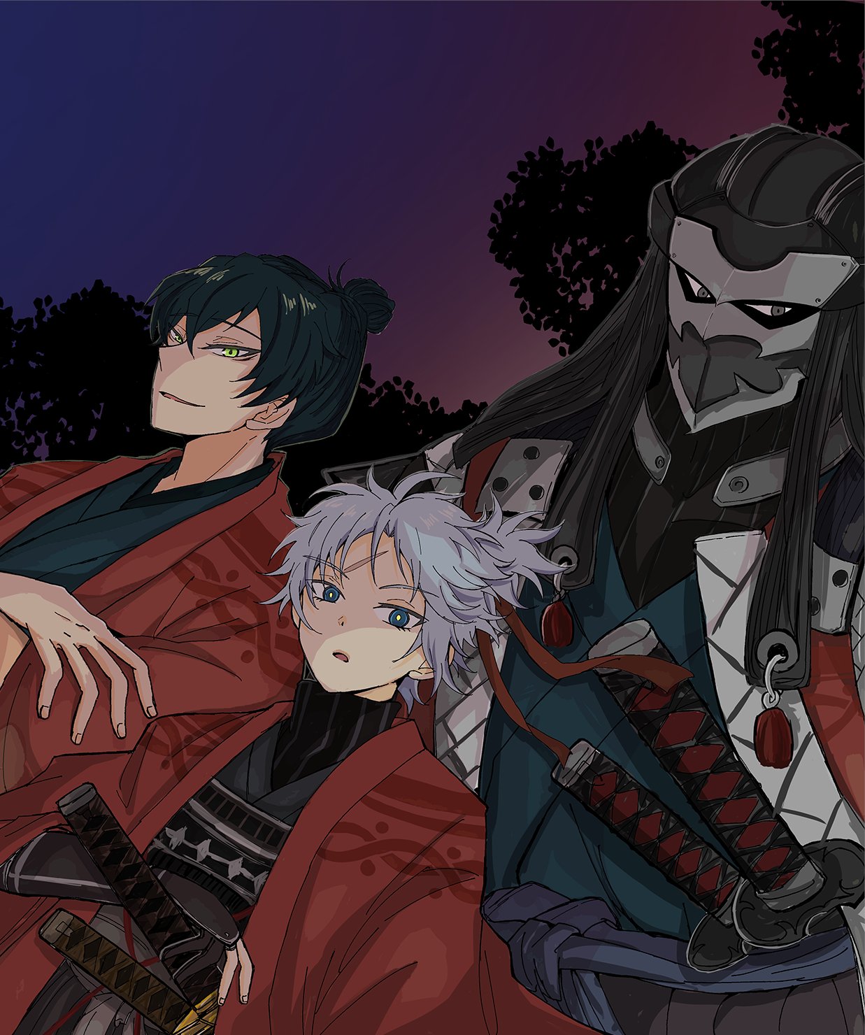 3boys, armor, black_hair, black_kimono, blue_eyes, chonmage, fate/grand_order, fate_(series)