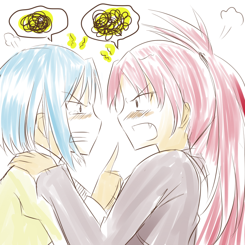 fang, long_hair, mahou_shoujo_madoka_magica, marisamasupa, miki_sayaka, multiple_girls, ponytail, red_hair