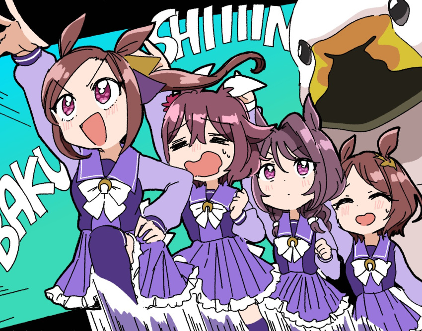 animal_ears, bird, blush, bow, brown_hair, duck, ear_ornament, ffzm0, flower_in_eye, gold_hairband, hairband, horse_ears, horse_girl, horse_tail, horseshoe_ornament, long_hair, multiple_girls, open_mouth, ponytail, purple_shirt, sakura_bakushin_o_(umamusume), sakura_chitose_o_(umamusume), sakura_chiyono_o_(umamusume), sakura_laurel_(umamusume), school_uniform, shirt, smile, symbol_in_eye, tail, tracen_school_uniform, umamusume, umamusume:_cinderella_gray, violet_eyes