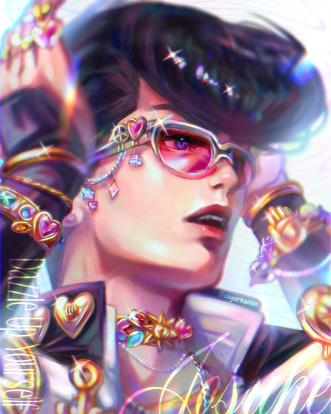 1boy, adam's_apple, black_hair, blue_eyes, blurry, bracelet, brooch, chain