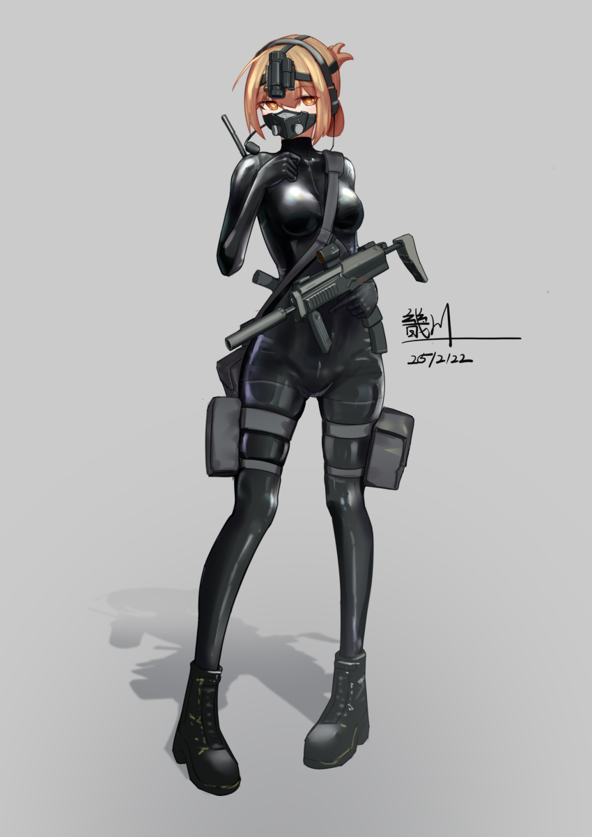 1girl, absurdres, black_wetsuit, brown_eyes, brown_hair, dated, full_body, grey_background