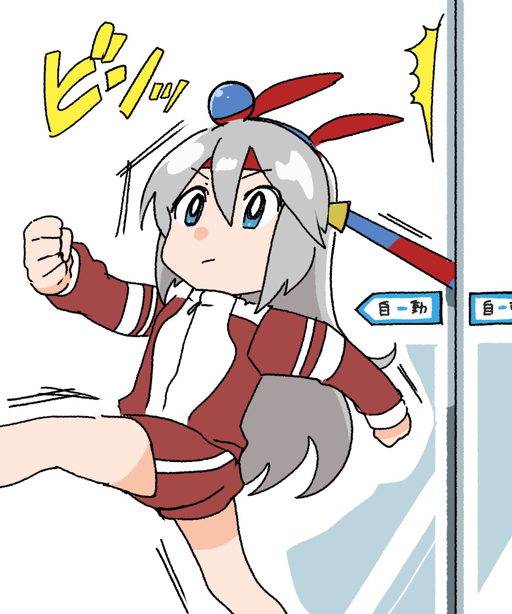 1girl, animal_ears, automatic_door, blue_eyes, blue_hairband, bow, ear_bow, ear_covers
