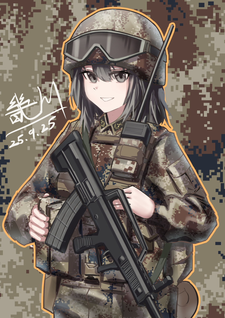 1girl, absurdres, assault_rifle, black_eyes, black_hair, bullpup, camouflage, cowboy_shot