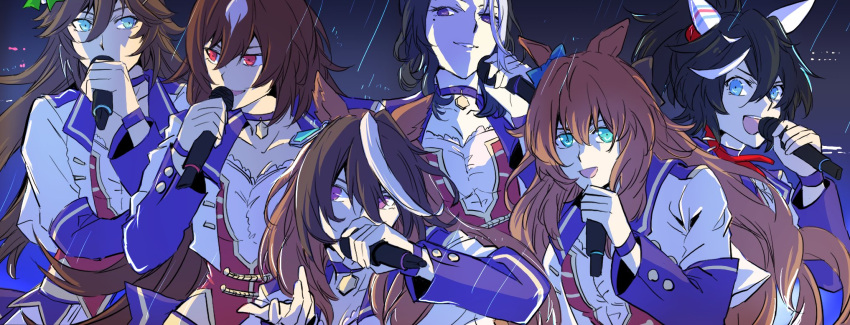 6+girls, ahoge, akiduki_(gundogs), animal_ears, aqua_eyes, black_hair, blue_bow, blue_eyes, bow, brown_hair, choker, corset, cropped_jacket, ear_bow, ear_covers, ear_ornament, hair_between_eyes, hair_ornament, highres, holding, holding_microphone, horse_ears, horse_girl, jacket, katsuragi_ace_(umamusume), long_hair, long_sleeves, looking_at_viewer, looking_to_the_side, maruzensky_(umamusume), mejiro_ramonu_(umamusume), microphone, mole, mole_under_eye, mr._c.b._(umamusume), multicolored_hair, multiple_girls, pendant_choker, ponytail, purple_choker, red_corset, red_eyes, sirius_symboli_(umamusume), starting_future_(umamusume), streaked_hair, symboli_rudolf_(umamusume), tassel, tassel_hair_ornament, umamusume, violet_eyes, white_hair, white_jacket