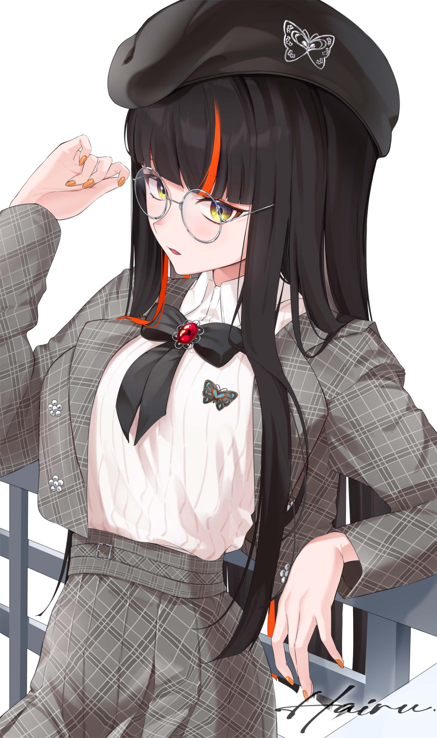 1girl, absurdres, adjusting_eyewear, against_railing, artist_name, beret, black_bow, black_bowtie