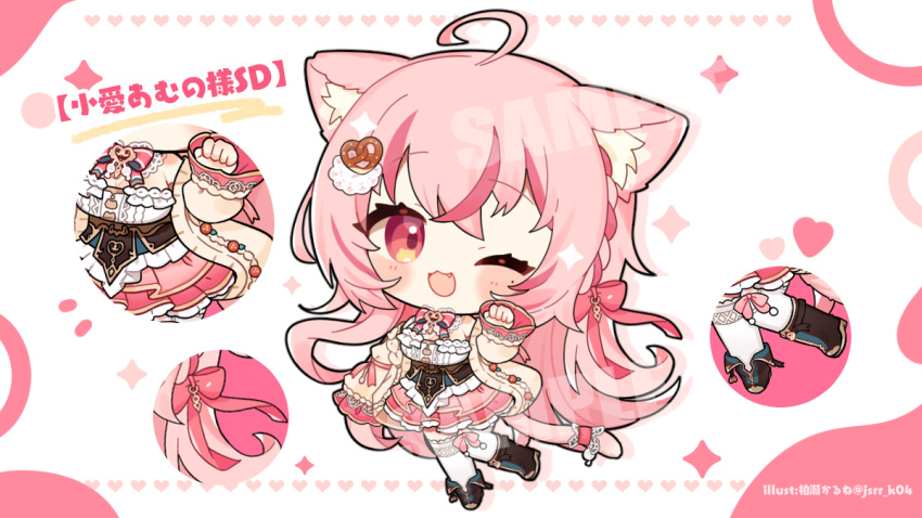 1girl, :3, ;d, ahoge, animal_ear_fluff, animal_ears, bare_shoulders, blush_stickers