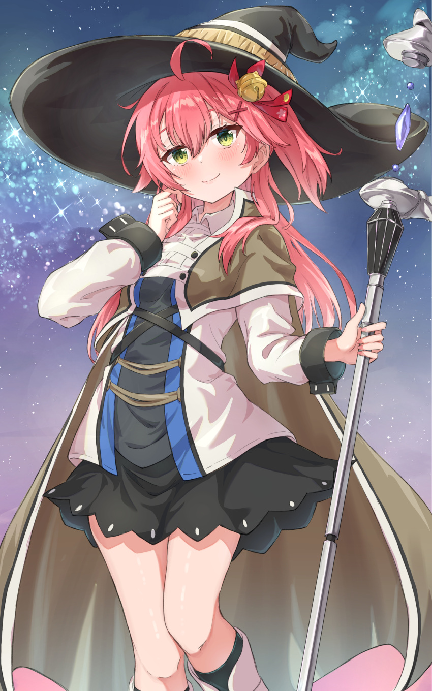 1girl, absurdres, ahoge, alternate_costume, bell, black_hat, black_skirt, blush