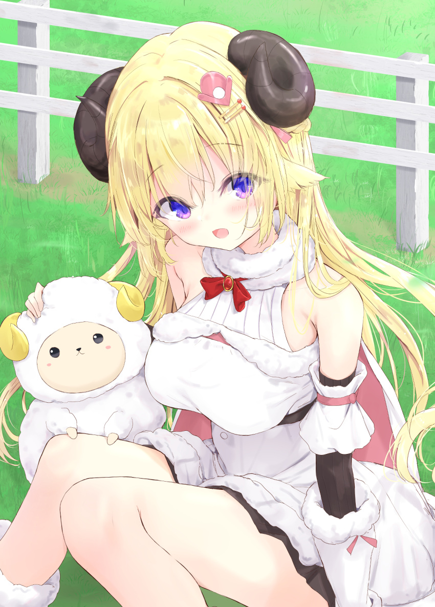 1girl, animal_ears, blonde_hair, blush, commentary_request, dress, fence, fur-trimmed_dress