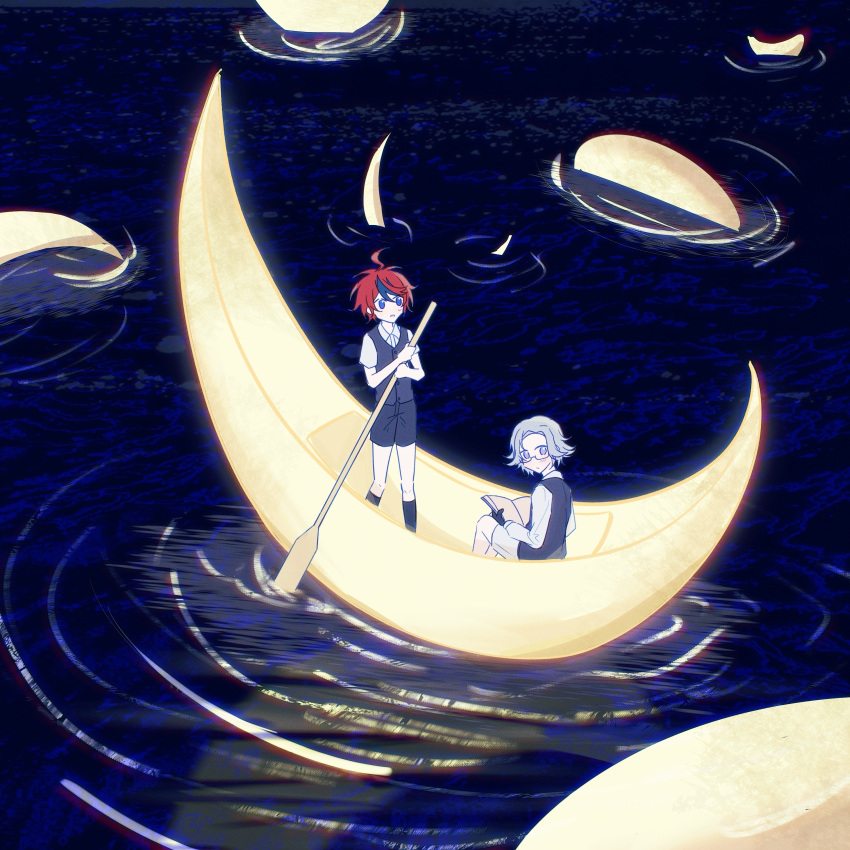 2boys, absurdres, aged_down, ahoge, aotsuki_eito, black_gloves, black_shorts, black_streaks