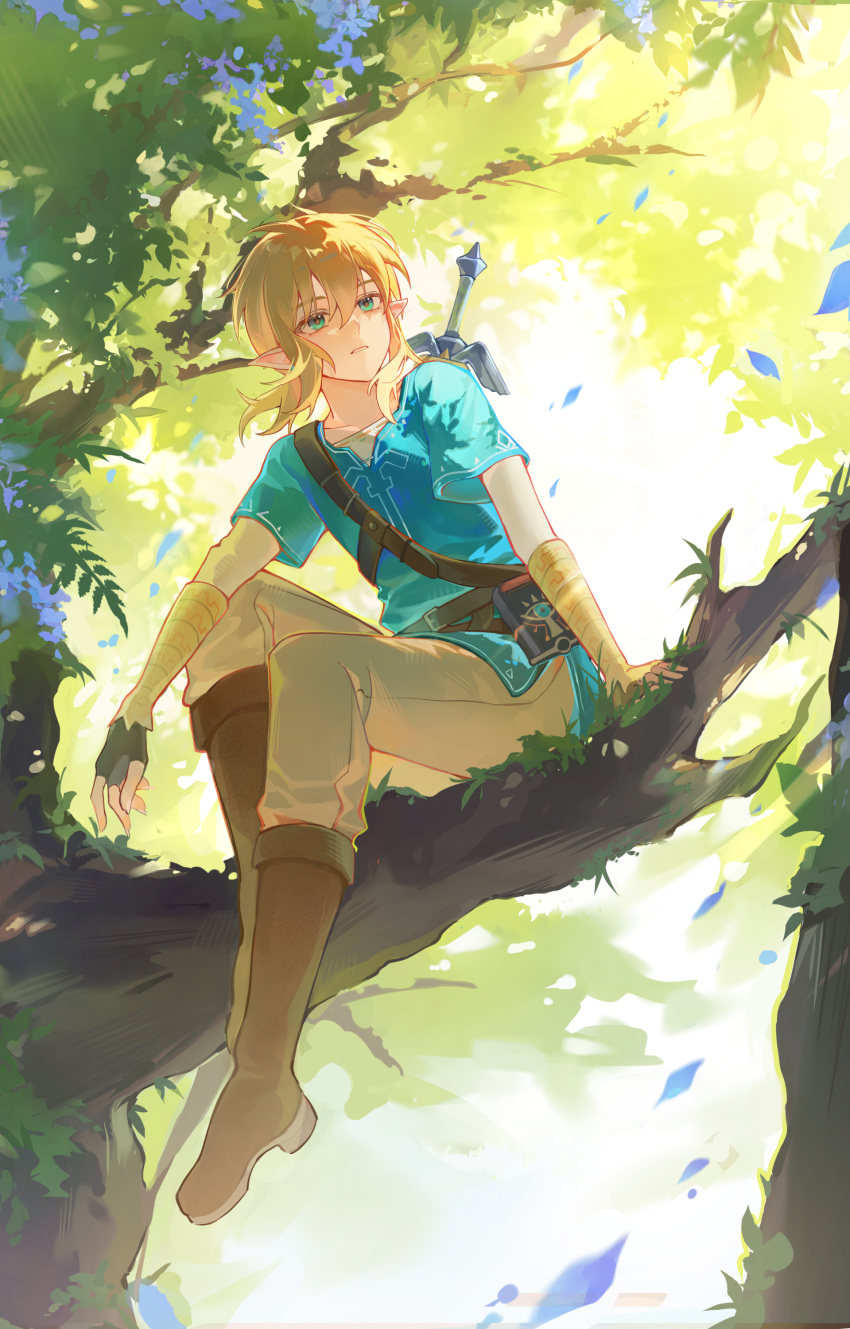 1boy, absurdres, belt, black_gloves, blonde_hair, blue_eyes, blue_shirt, boots