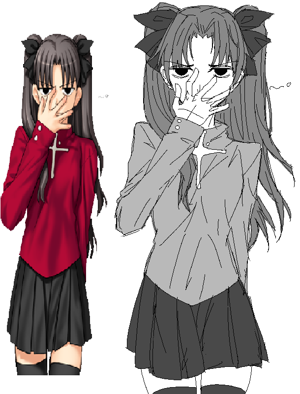 1girl, black_hair, black_thighhighs, blue_eyes, cowboy_shot, cropped_legs, derivative_work, fate/stay_night, fate_(series), hair_ribbon, hand_on_own_face, hand_up, long_hair, long_sleeves, looking_at_viewer, partially_colored, red_shirt, red_sweater, ribbon, scene_reference, shirt, sikskiez, simple_background, skirt, solo, standing, sweater, thigh-highs, tohsaka_rin, turtleneck, turtleneck_sweater, twintails, two_side_up, very_long_hair, visual_novel, white_background, zettai_ryouiki