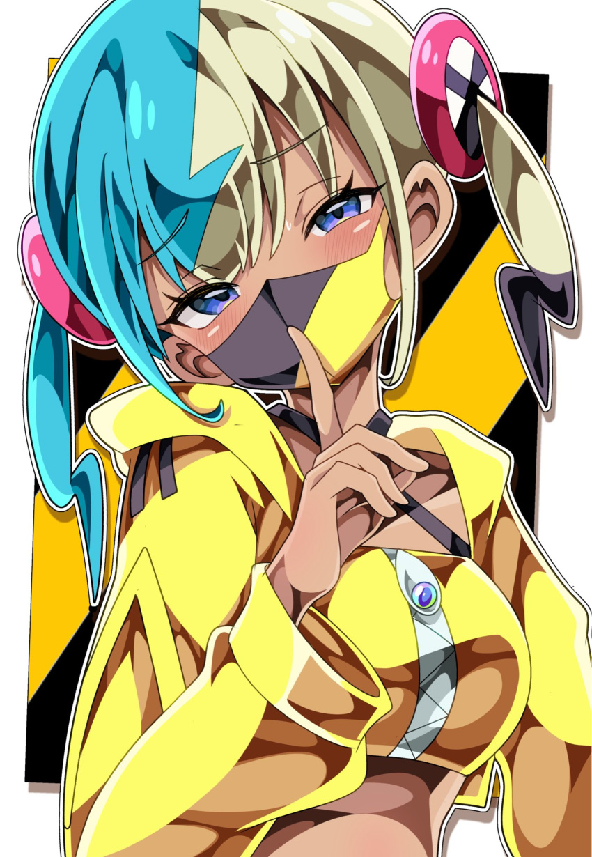 1girl, aqua_hair, black_mask, blonde_hair, canari_(pokemon), criss-cross_halter, finger_to_another's_mouth, hair_ornament