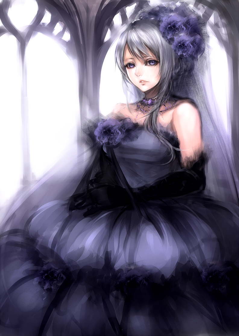 choker, dress, elbow_gloves, female, flower, gloves, grey_hair, hair_bun