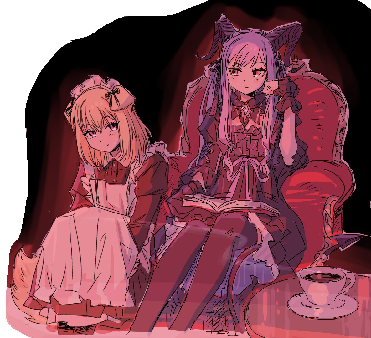 2girls, animal_ears, apron, arknights, bang_dream!, bang_dream!_it's_mygo!!!!!, black_dress, black_thighhighs
