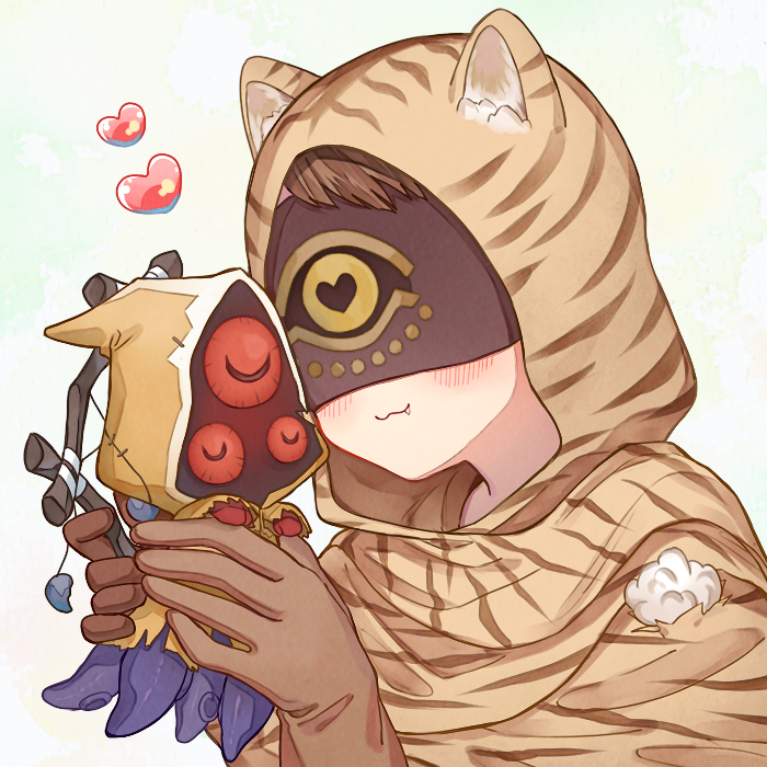0sushi_a, 1boy, :3, animal_ear_fluff, animal_hood, animal_print, blindfold, blush