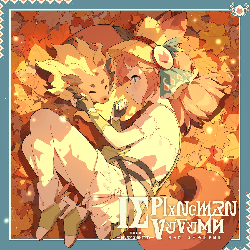 1girl, ^_^, album_cover, ann_(stella_sora), autumn, autumn_leaves, black_gloves, blue_border