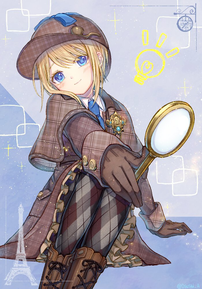 0sushi_a, 1girl, ankle_boots, blonde_hair, blue_eyes, blue_necktie, boots, brooch