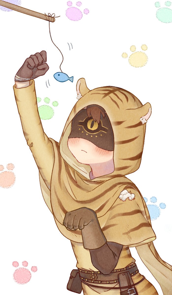 0sushi_a, 1boy, animal_ear_fluff, animal_hood, arm_up, asymmetrical_sleeves, belt, belt_pouch