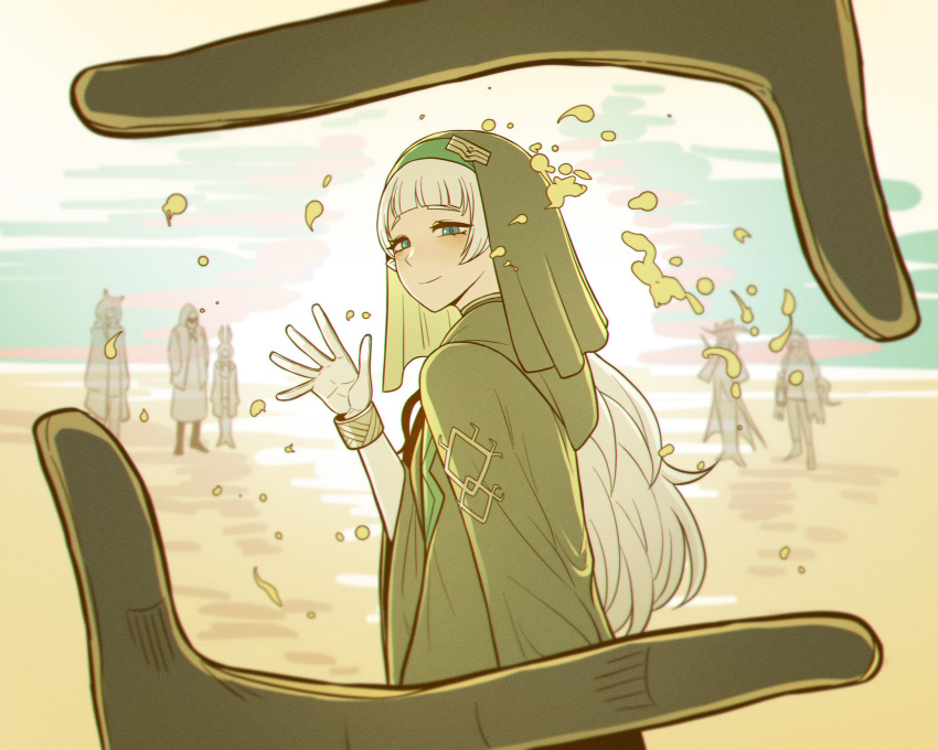 1boy, 1other, 5girls, album_cover_redraw, amiya_(arknights), arknights, arm_at_side, beach