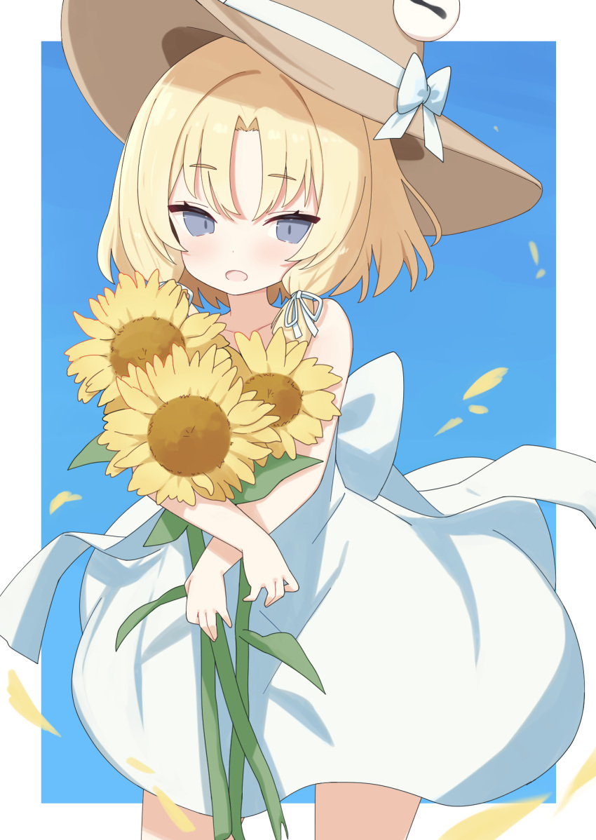 1girl, blonde_hair, blue_background, blue_eyes, blush, border, burumanoeat, dress
