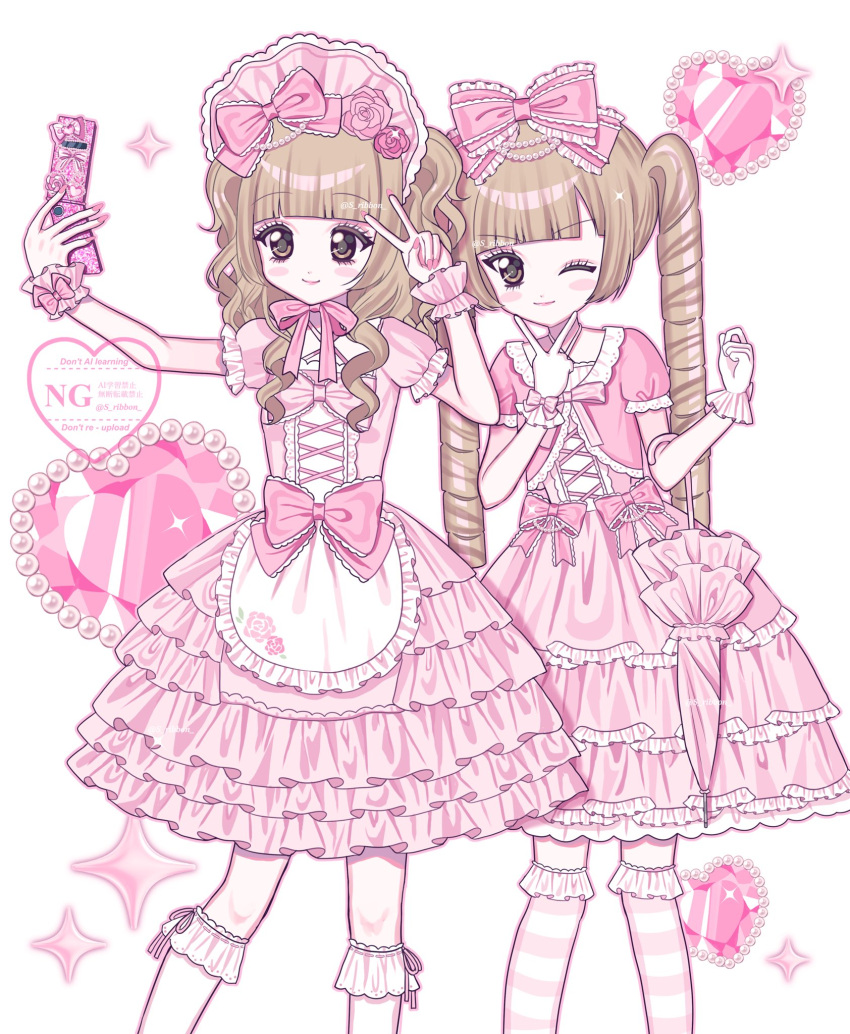 2girls, accurate_lolita_coord, apron, blonde_hair, bonnet, bow, cellphone, closed_umbrella