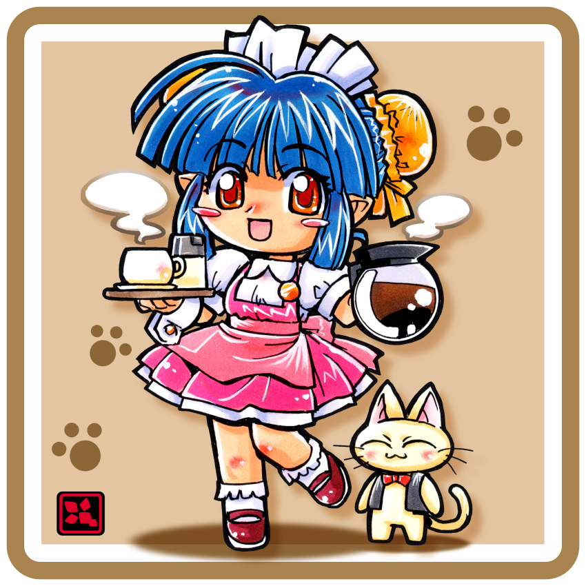 1girl, absurdres, animal, apron, back_bow, badge, black_vest, blue_hair, bow, bowtie, brown_shoes, bun_cover, cat, chibi, chibi_only, closed_eyes, closed_mouth, clothed_animal, coffee_mug, coffee_pot, commentary, crime_crackers, cup, double_bun, dress, full_body, furry, hair_bun, hands_up, highres, holding, holding_tray, kokomahi, looking_at_viewer, maid_headdress, mary_janes, mug, open_mouth, orange_eyes, paw_print, pinafore_dress, pink_apron, pink_bow, pink_dress, pointy_ears, puffy_short_sleeves, puffy_sleeves, red_bow, red_bowtie, saucer, shirt, shoes, short_hair, short_sleeves, sleeveless, sleeveless_dress, smile, socks, standing, standing_on_one_leg, steam, tray, vest, waist_apron, waitress, wendy_wilkinson, white_shirt, white_socks, wrist_cuffs
