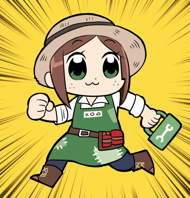 1girl, 50yen_(gojiue), :3, apron, big_head, bkub_(style), boots, brown_boots, brown_hair, chibi, chibi_only, emma_woods, freckles, full_body, green_apron, green_eyes, hat, identity_v, looking_back, raised_eyebrows, running, shirt, solo, straw_hat, white_shirt