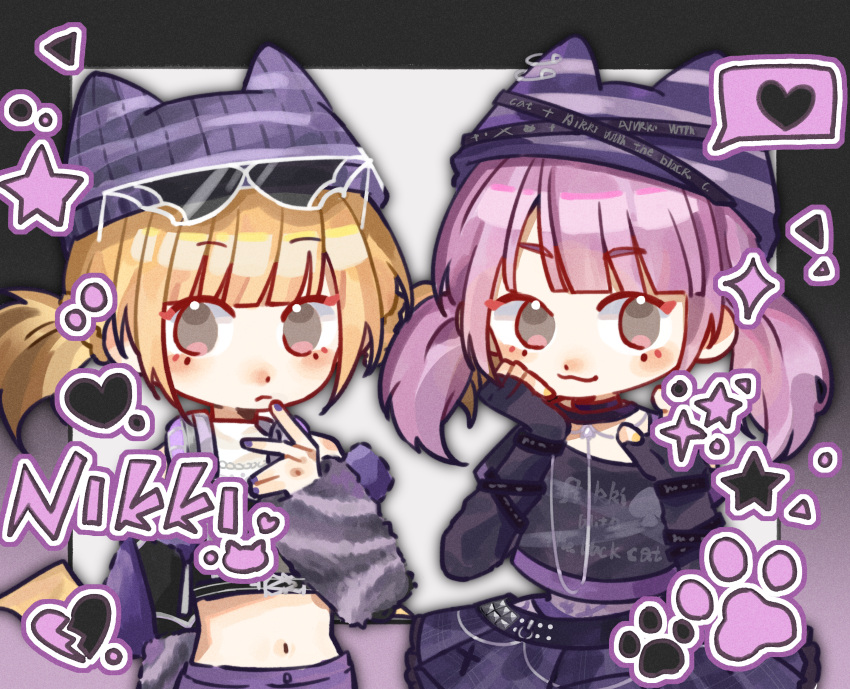 !, 2girls, :3, absurdres, animal_ear_headwear, animal_ears, arm_belt, bare_shoulders