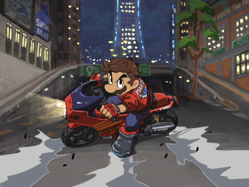 1boy, akira_slide, black_boots, blue_pants, boots, brown_hair, building, clothing_cutout