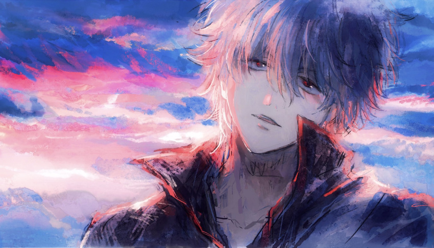 1boy, black_shirt, collared_shirt, commentary_request, gintama, hair_between_eyes, high_collar, highres, looking_at_viewer, lushu_kuye, male_focus, messy_hair, parted_lips, popped_collar, portrait, red_eyes, sakata_gintoki, shirt, short_hair, sky, solo, teeth, traditional_media, white_hair
