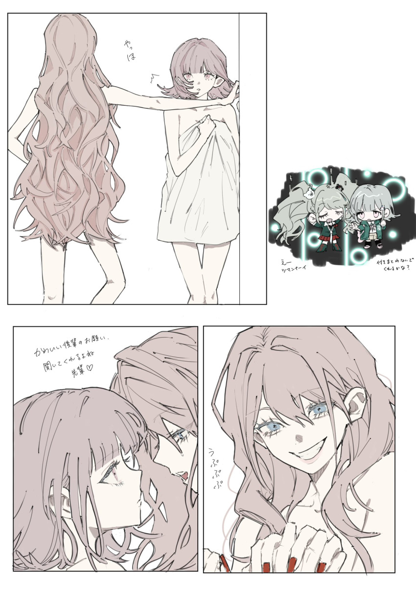 2girls, bare_shoulders, blue_eyes, collarbone, commentary_request, danganronpa:_trigger_happy_havoc, danganronpa_(series), danganronpa_2:_goodbye_despair