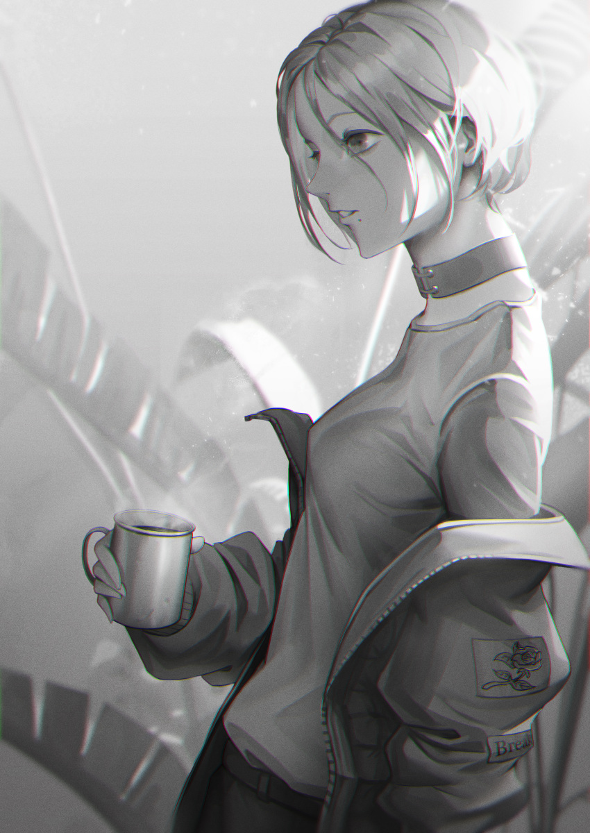 1girl, absurdres, belt, breasts, choker, coffee_mug, commentary, cup