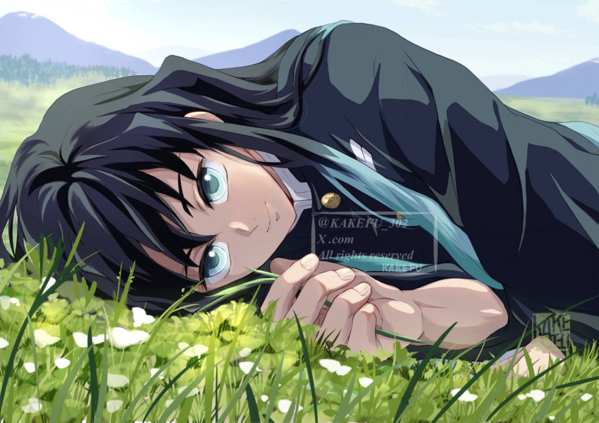 1boy, aqua_eyes, aqua_hair, black_hair, black_jacket, closed_mouth, demon_slayer_uniform, fingernails