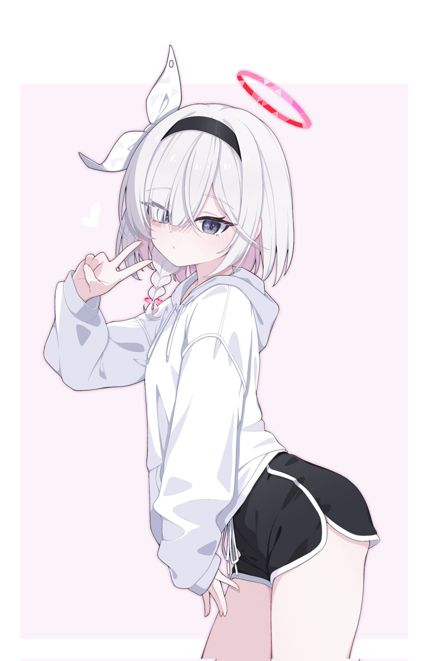 1girl, alternate_costume, alternate_hairstyle, black_eyes, black_hairband, black_shorts, blue_archive, braid
