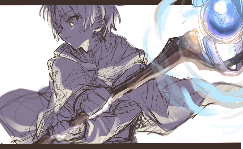 1boy, aqua_heartia, casting_spell, from_side, highres, holding, holding_staff, lineart, mage_staff, mole, mole_under_eye, mushoku_tensei, rudeus_greyrat, solo, solo_focus, spica59, staff, white_background