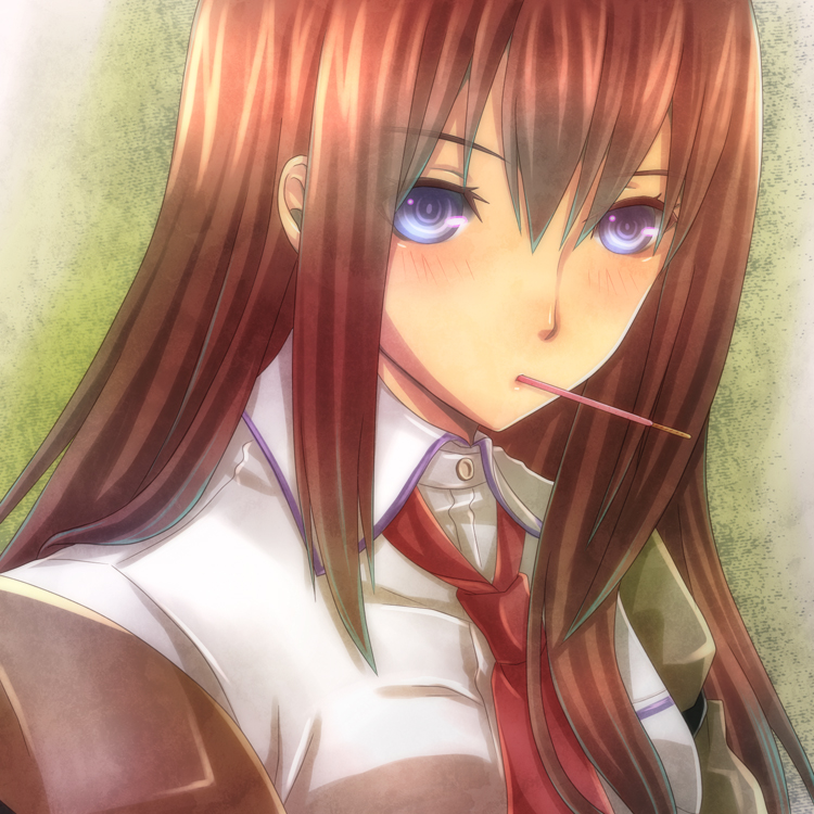 blue_eyes, blush, brown_hair, long_hair, makise_kurisu, natsuki_yuka, necktie, pocky