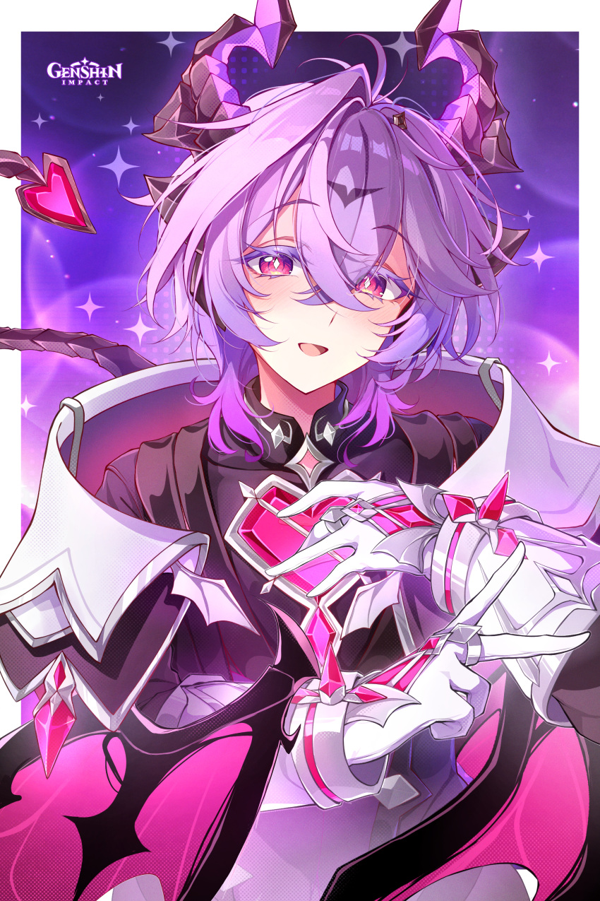 1boy, absurdres, commentary, copyright_name, diamond-shaped_pupils, diamond_(shape), dragon_horns, dragon_wings, genshin_impact, gloves, hair_between_eyes, hands_up, highres, horns, long_sleeves, looking_at_viewer, male_focus, midori_(midori13579), mini_durin_(genshin_impact), mini_durin_(human)_(genshin_impact), parted_lips, purple_hair, short_hair_with_long_locks, solo, symbol-shaped_pupils, tail, v, violet_eyes, white_gloves, wings