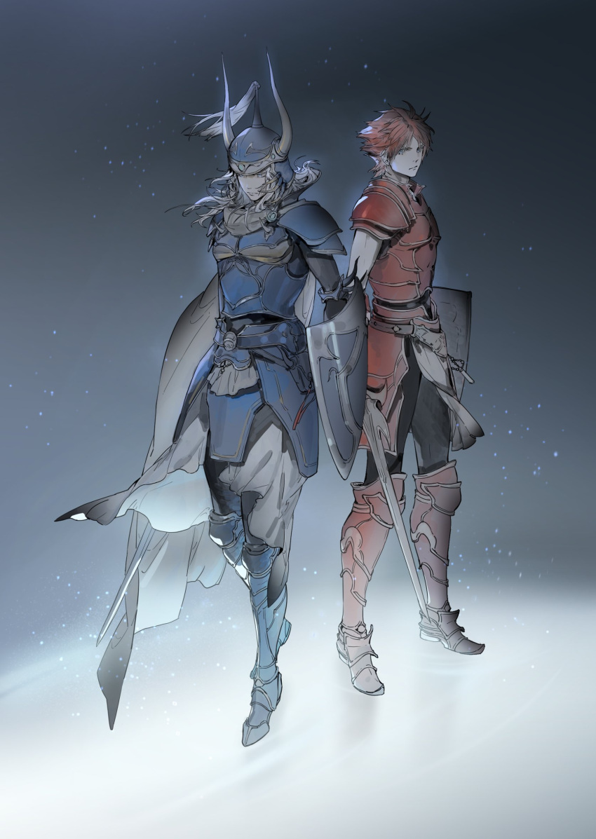 2boys, armor, armored_boots, black_pants, blue_armor, boots, brown_hair, fake_horns