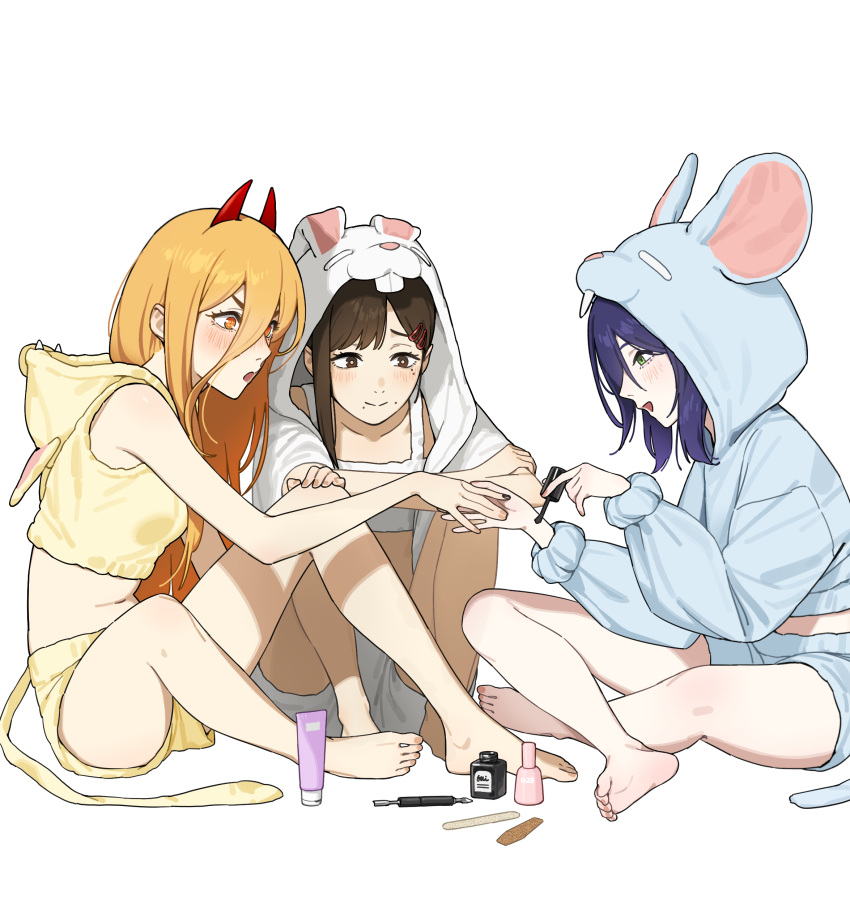 3girls, absurdres, alternate_universe, animal_ear_hood, b1026, barefoot, black_nails, blonde_hair
