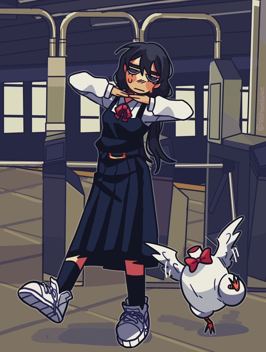 1girl, :i, bird, birdbrain_(synthesizer_v), black_hair, chainsaw_man, chicken, closed_mouth