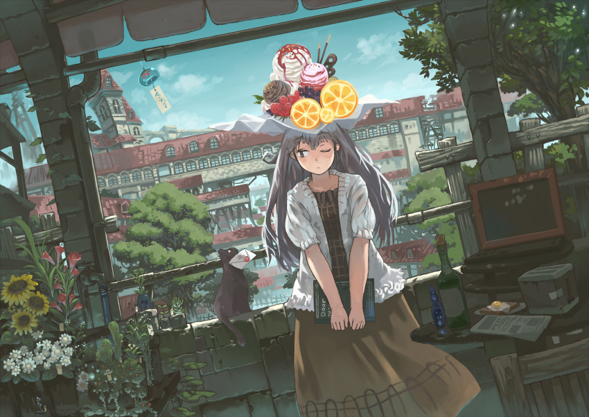 bottle, cactus, cat, city, computer, dress, dutch_angle, egg