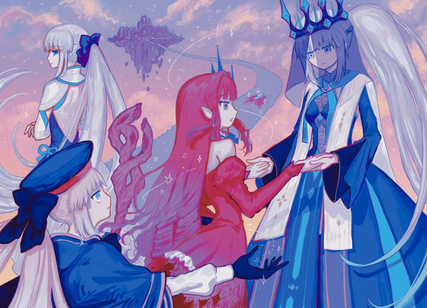 3girls, aesc_(fate), baobhan_sith_(fate), baobhan_sith_(first_ascension)_(fate), black_bow, black_dress, black_gloves, blonde_hair, blue_eyes, bow, crown, detached_sleeves, dress, dual_persona, fate/grand_order, fate_(series), gloves, hair_between_eyes, hair_bow, hat, highres, holding, holding_staff, long_hair, long_sleeves, looking_at_viewer, mado_(madoromiya), mage_staff, morgan_le_fay_(fate), morgan_le_fay_(first_ascension)_(fate), morgan_le_fay_(queen_of_winter)_(fate), mother_and_daughter, multiple_girls, pink_hair, pointy_ears, ponytail, spikes, staff, standing, two-tone_dress, veil, white_hair