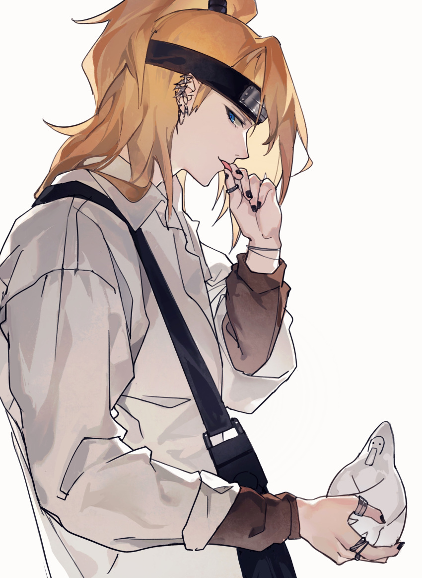 1boy, absurdres, black_headband, black_nails, blonde_hair, blue_eyes, brown_shirt, collared_shirt
