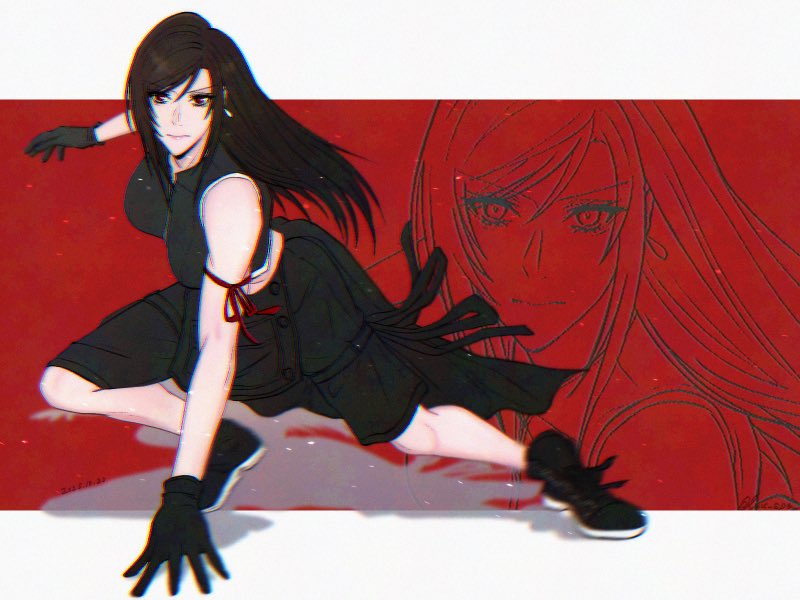 1girl, apron, arm_ribbon, arm_support, bare_shoulders, black_apron, black_gloves, black_hair
