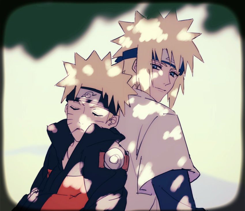 2boys, absurdres, back-to-back, black_headband, black_jacket, blonde_hair, blue_eyes, blue_headband, blue_shirt, blurry, blurry_foreground, closed_eyes, facial_mark, father_and_son, headband, highres, jacket, looking_at_another, male_focus, multicolored_jacket, multiple_boys, namikaze_minato, naruto_(series), omegaantiworld, orange_jacket, shirt, shirt_under_shirt, short_hair, spiky_hair, two-tone_jacket, upper_body, uzumaki_naruto, whisker_markings, white_shirt