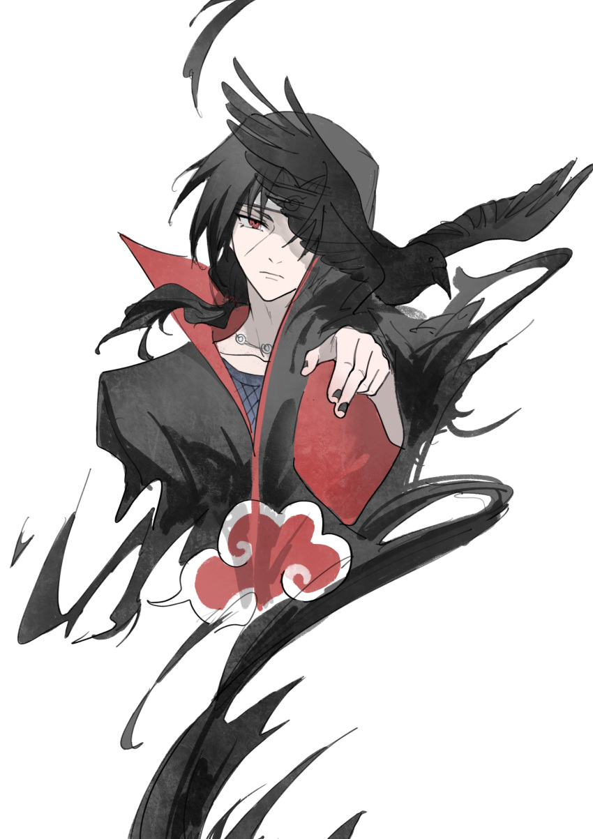 1boy, absurdres, akatsuki_uniform, bird, black_hair, black_nails, closed_mouth, crow